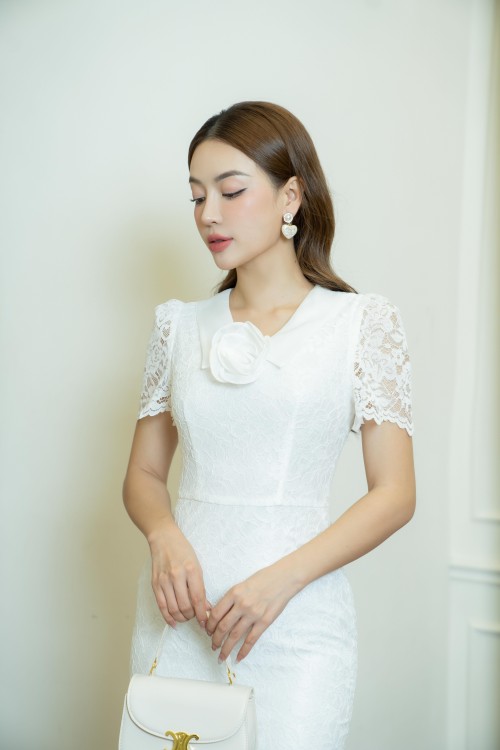 Sixdo White Midi Lace Dress With Flower